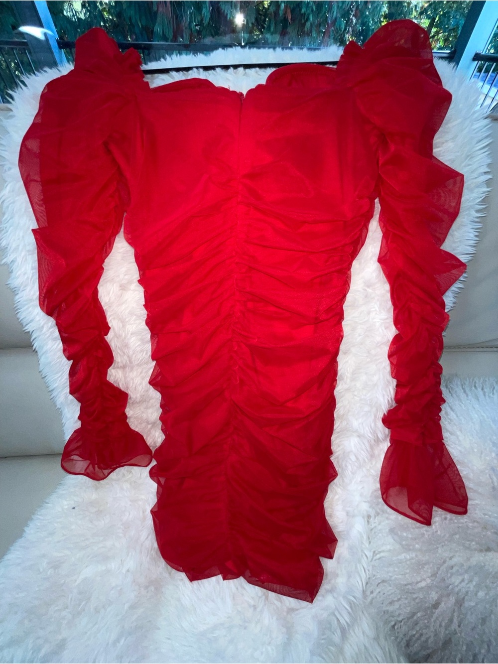 Oh Polly Vibrant Red Ruched Puff-Sleeve Mini Dress